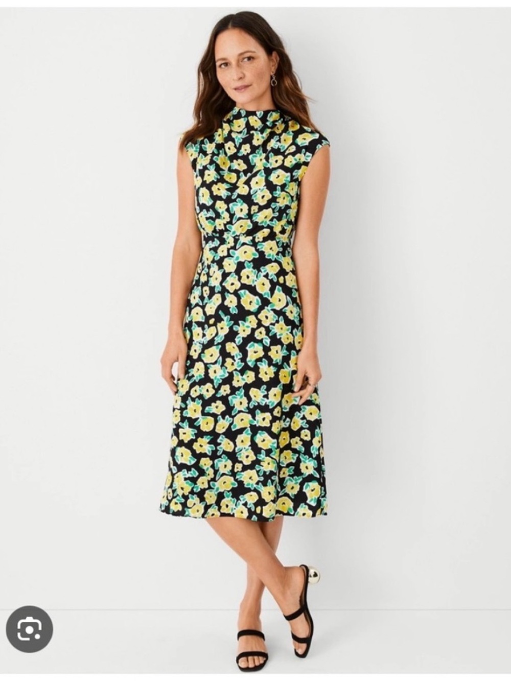 Ann Taylor Black Midi Dress with Yellow and Light Blue Floral Print